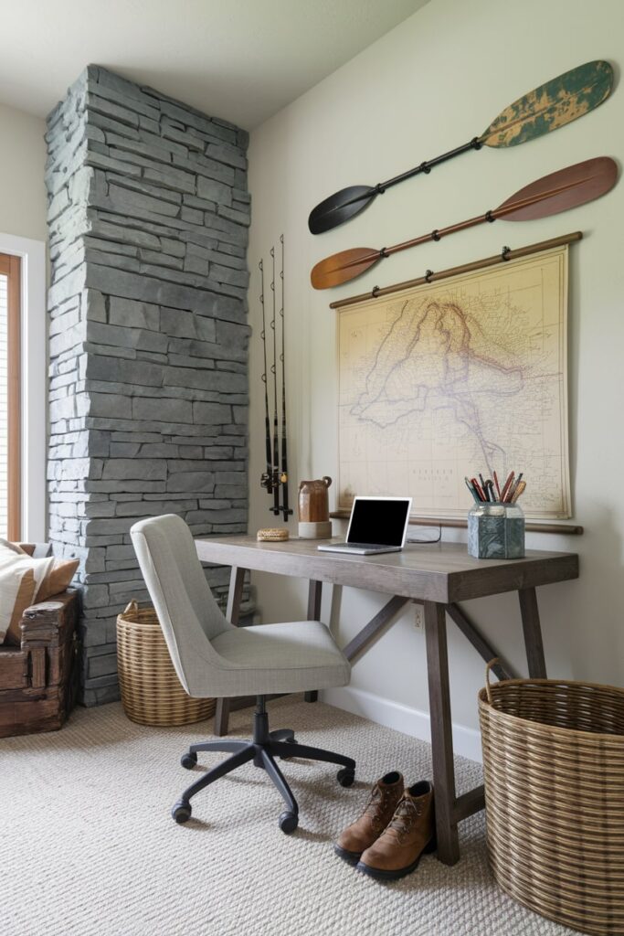 outdoor enthusiast's masculine home office, kayak paddles on the wall, outdoor gear
