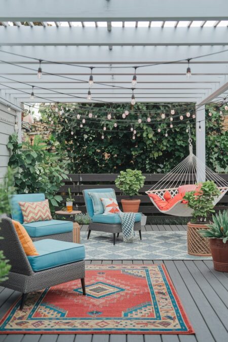 outdoor summer decor, patio with lounge chairs, colorful cushions, hammock, white pergola