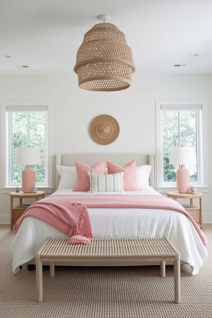 pink lightweight blankets, white bedding summer bedroom decor, white walls
