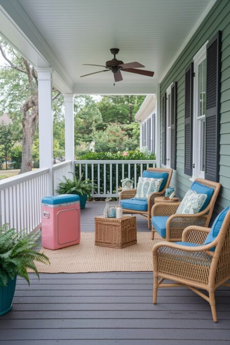 porch with vintage summer elements, pink retro cooler