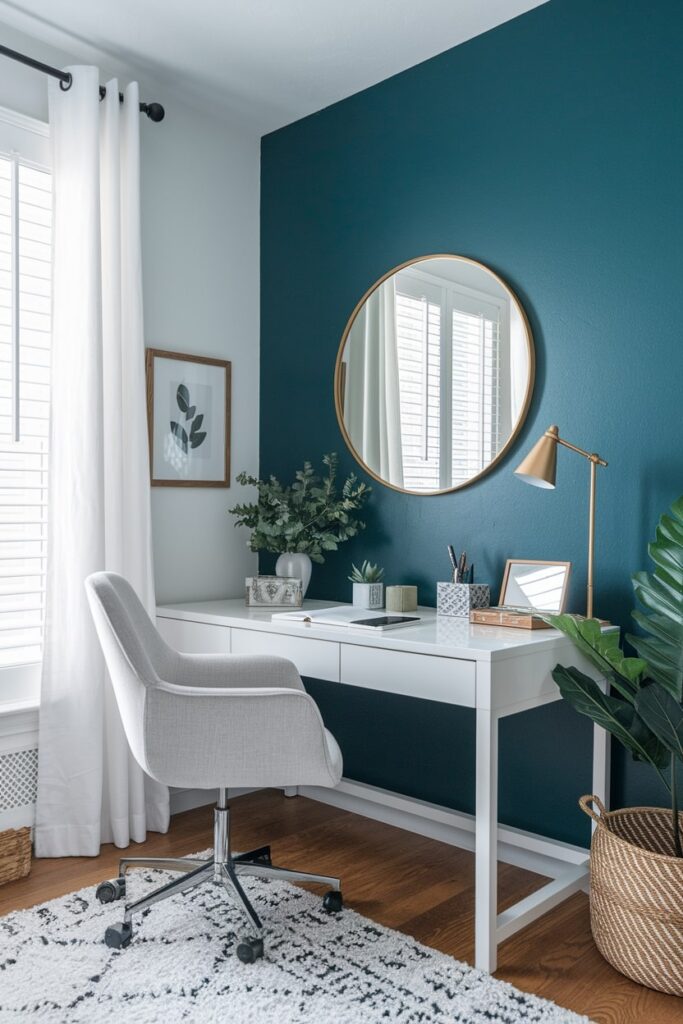 round mirror above white desk small workspace, accent wall
