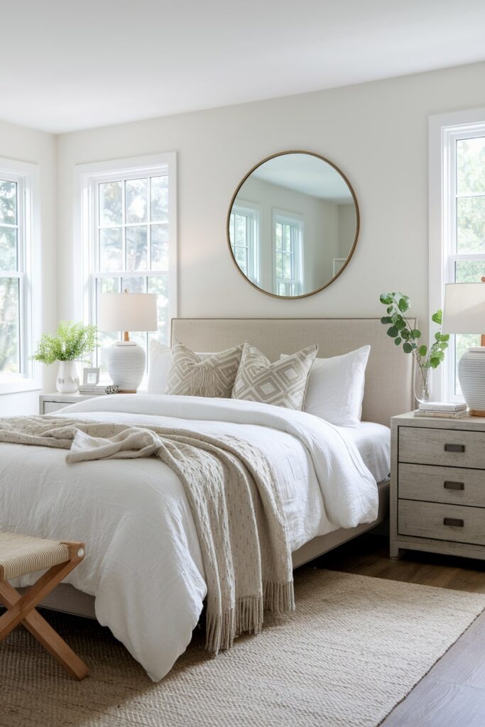 round mirror behind the bed, summer bedroom decor, neutral design