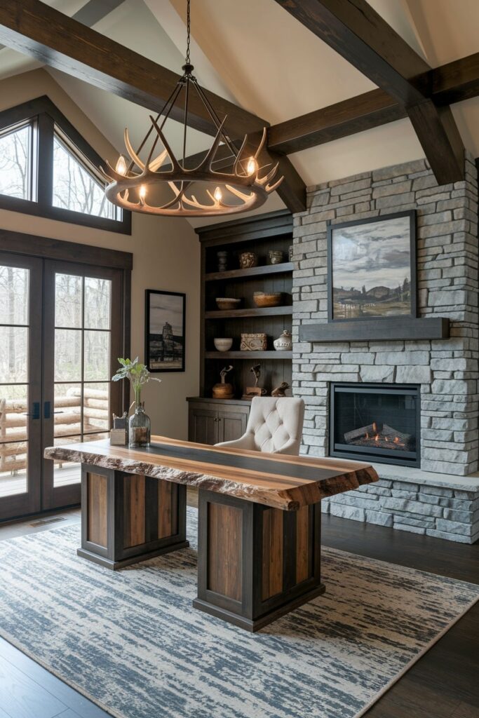 rustic cabin men's home office, live edge wood desk, electric fireplace