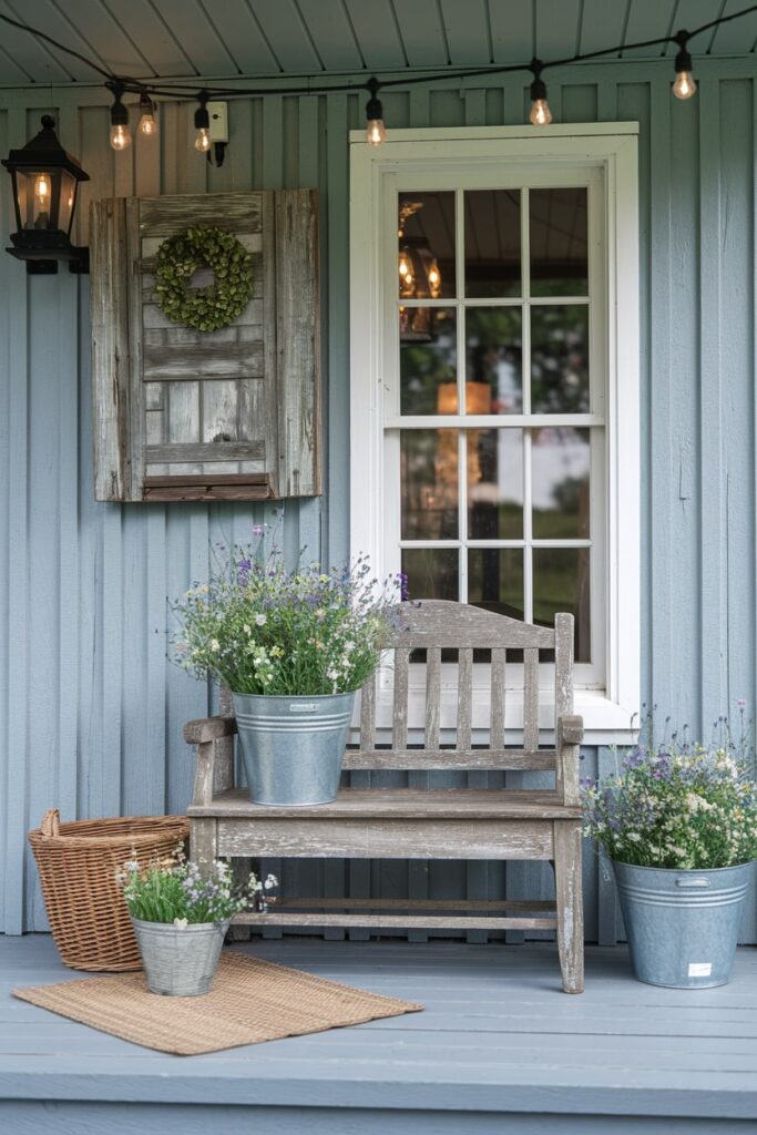 rustic summer front porch decor, weathered wooden bench