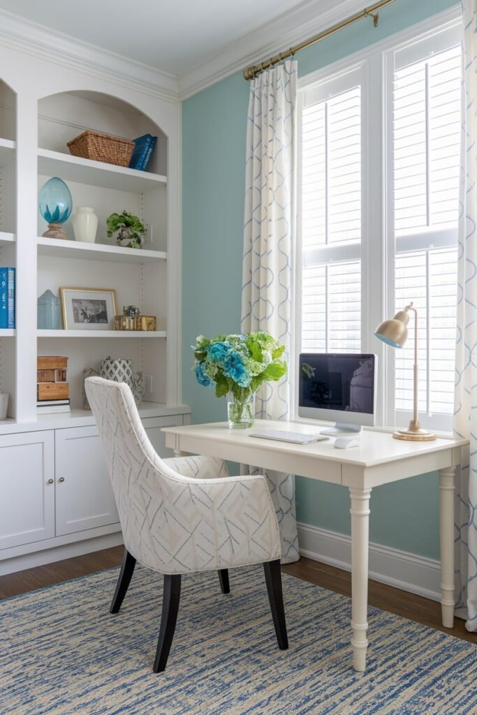 small home office with pastel blue wall, white desk and shelving