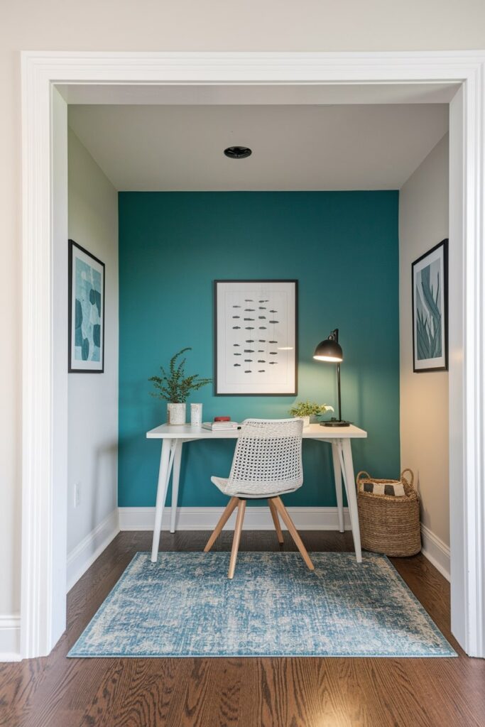 small home office with an area rug, teal accent wall