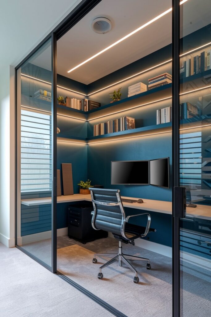 small home office with a sliding glass partition