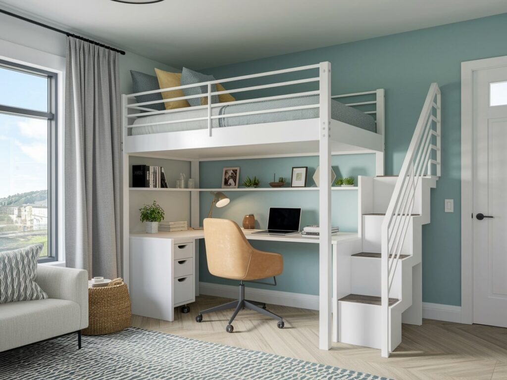 small home office with a loft bed and white desk underneath, light design