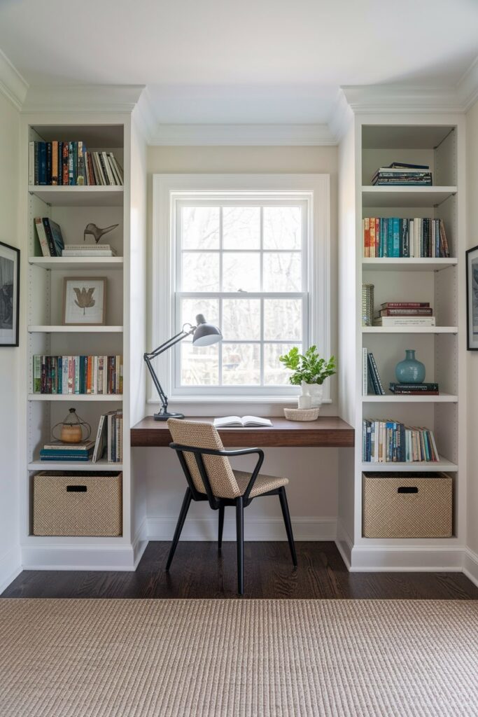 small workspace between bookcases near window