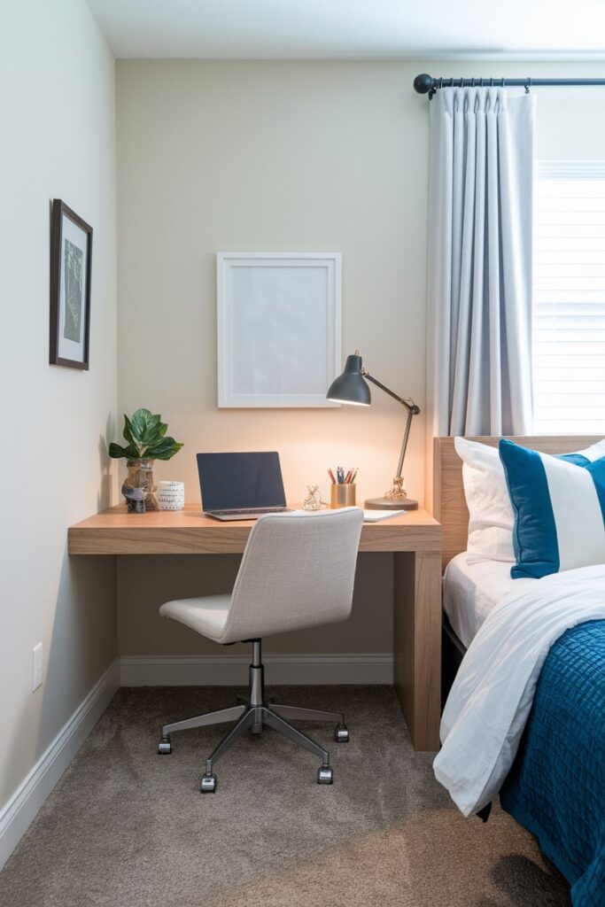 small workspace in the corner of the bedroom, light gray office chair on wheels