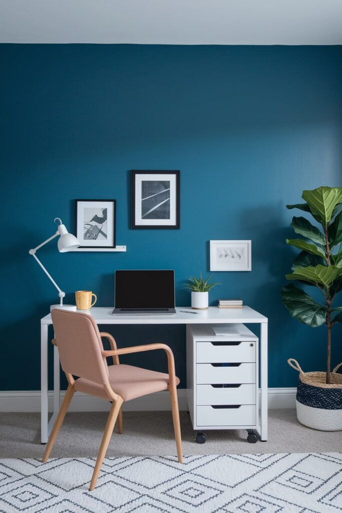 small workspace, white desk with slim filing cabinet on wheels, blue wall