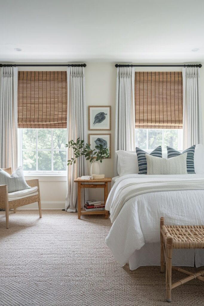 summer bedroom decor bamboo blinds paired with curtains for blackout, white bedding, creamy white walls