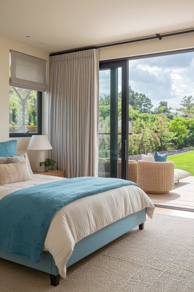 summer bedroom design with black patio doors and garden view, blue blanket, light gray curtains