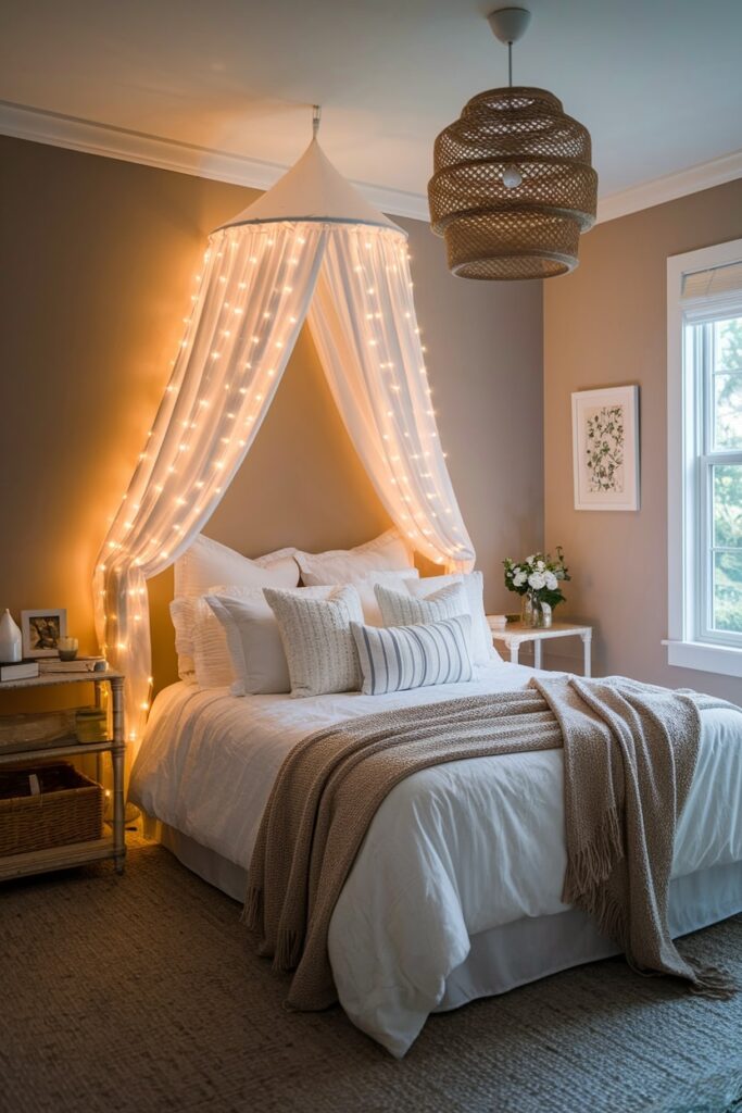 summer bedroom with LED string lights for magical evening, light brown walls