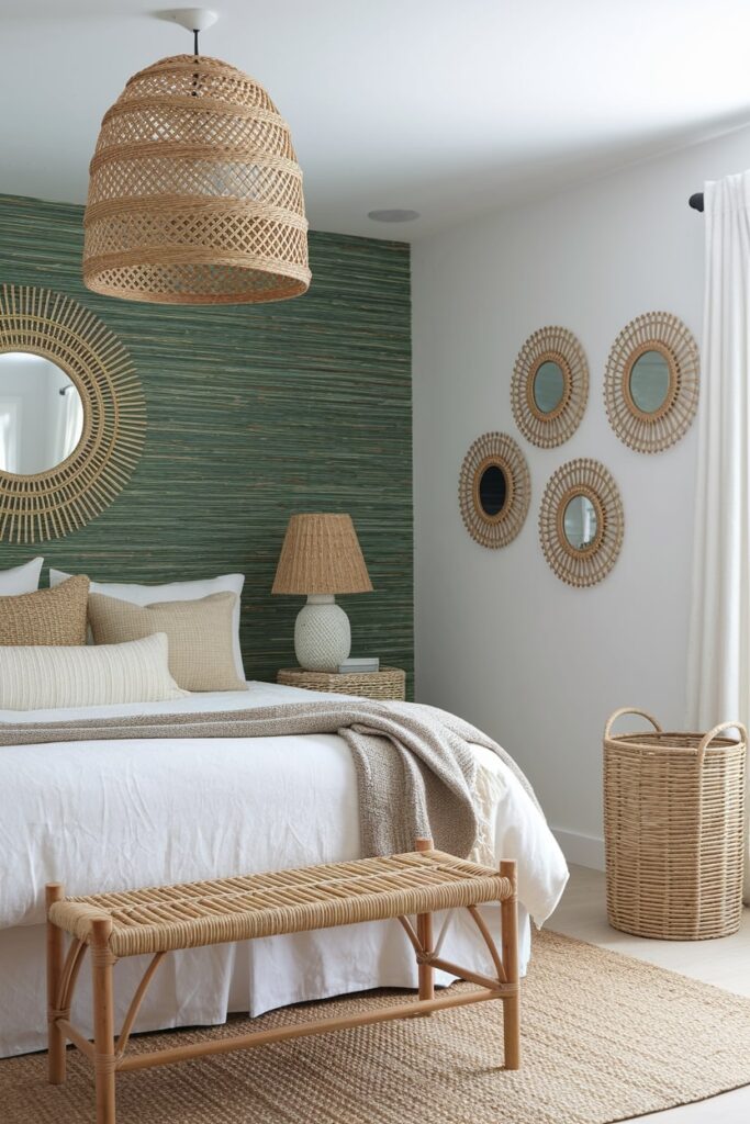 summer bedroom with natural textures, woven accessories, green wallpaper, white and neutral bedding