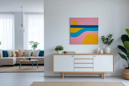 summer decorating ideas, white wall and console table, summer abstract art, couch on the background
