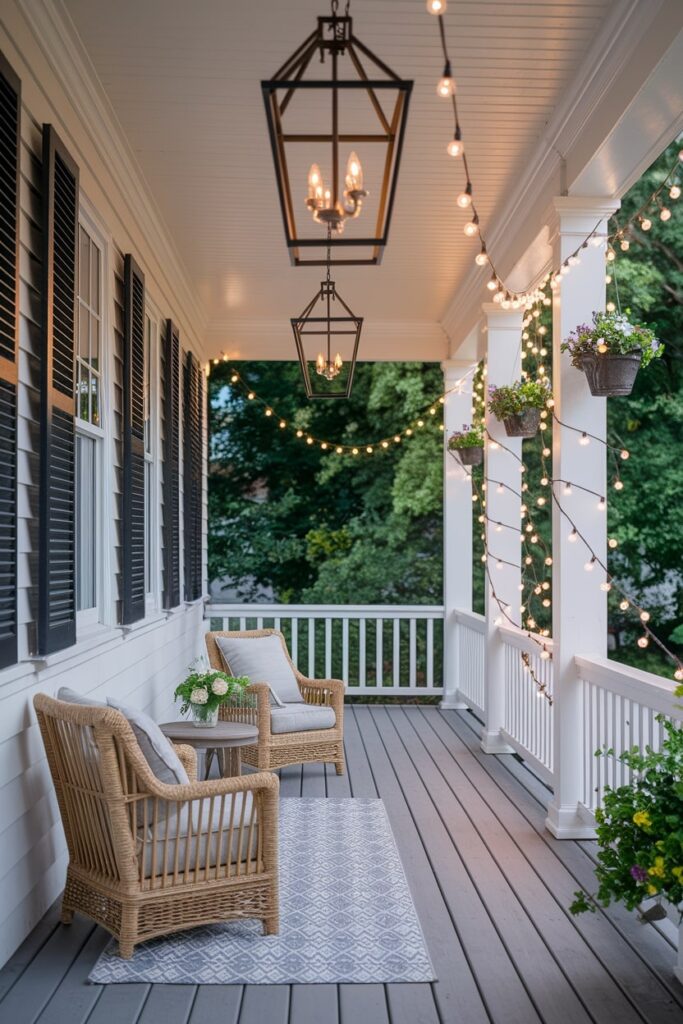 evening summer front porch decor, string lights, lanterns, two outdoor chairs, hanging plants