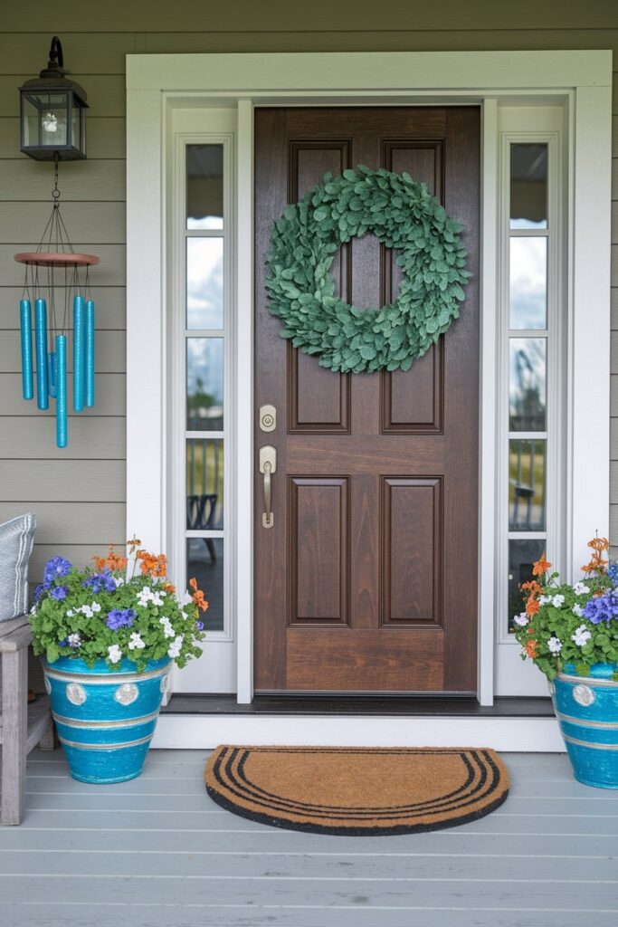 summer front porch decorated with blue DIY painted pots, wooden front door with a wreath