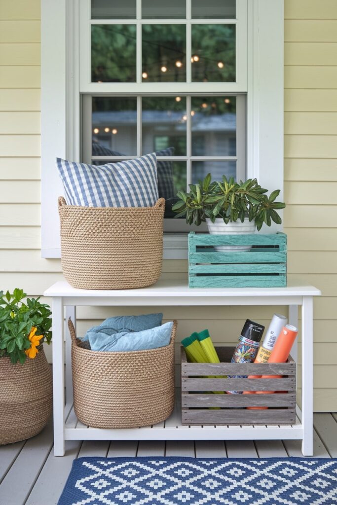 summer front porch with decorative boxes for storage, light yellow siding