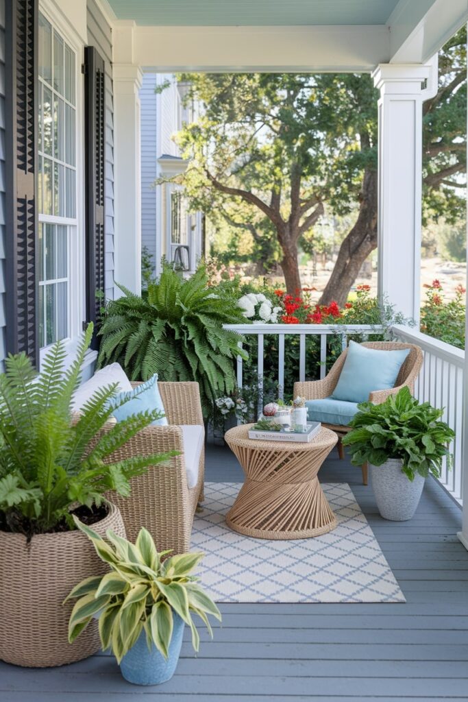 summer front porch with lush greenery as summer decor, ferns, hostas, rattan outdoor chairs with light blue cushions