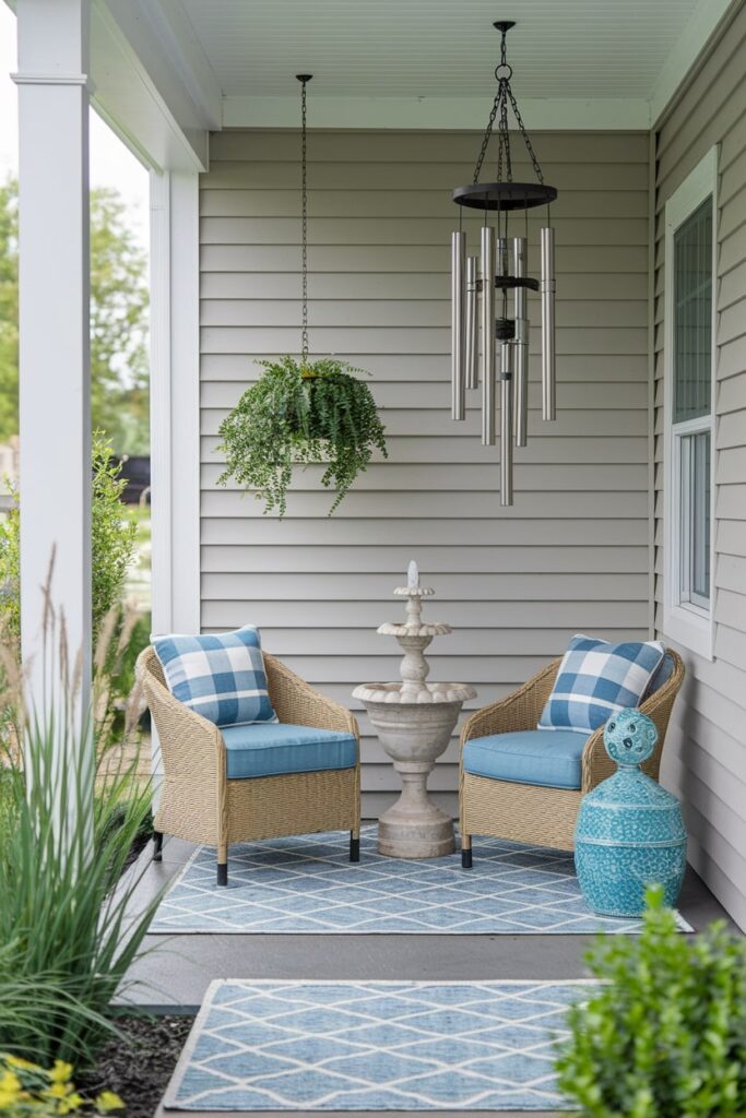 summer front porch with a small fountain, two outdoor rattan chairs with blue cushions, metal wind chime