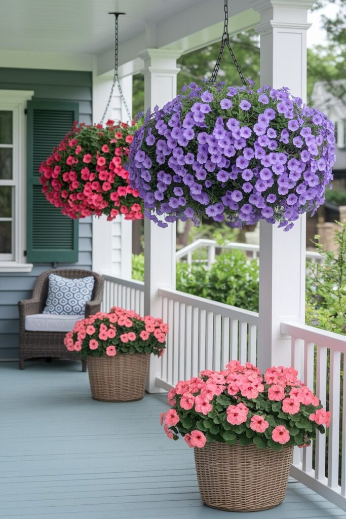 summer front porch with vibrant hanging baskets and planters