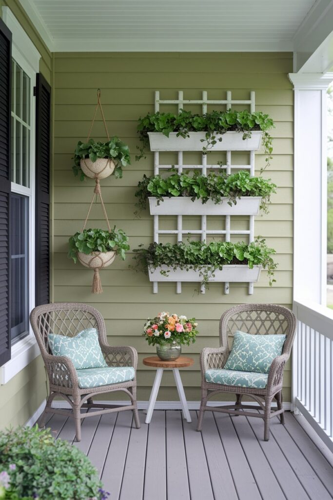 summer front porch with white wall mounted planters, two outdoor chairs, green siding