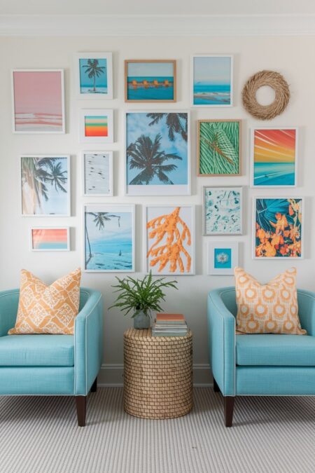summer gallery wall, two blue chairs and cylinder side table between