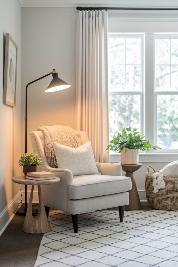 light summer living room, comfortable armchair with a soft throw, black floor lamp, wooden side tables