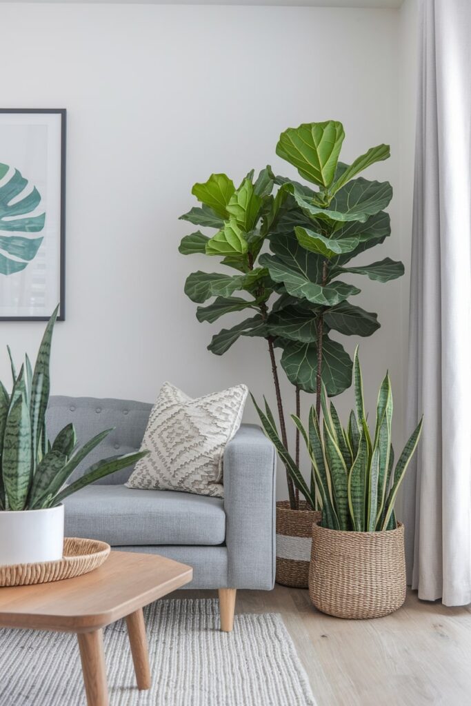 summer living room with large fiddle leaf fig in a corner, gray couch, white wall, wooden coffee table