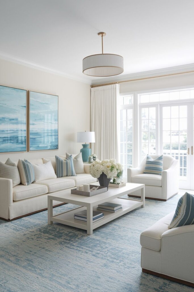 summer living room with light color palette, crisp whites, coastal blues
