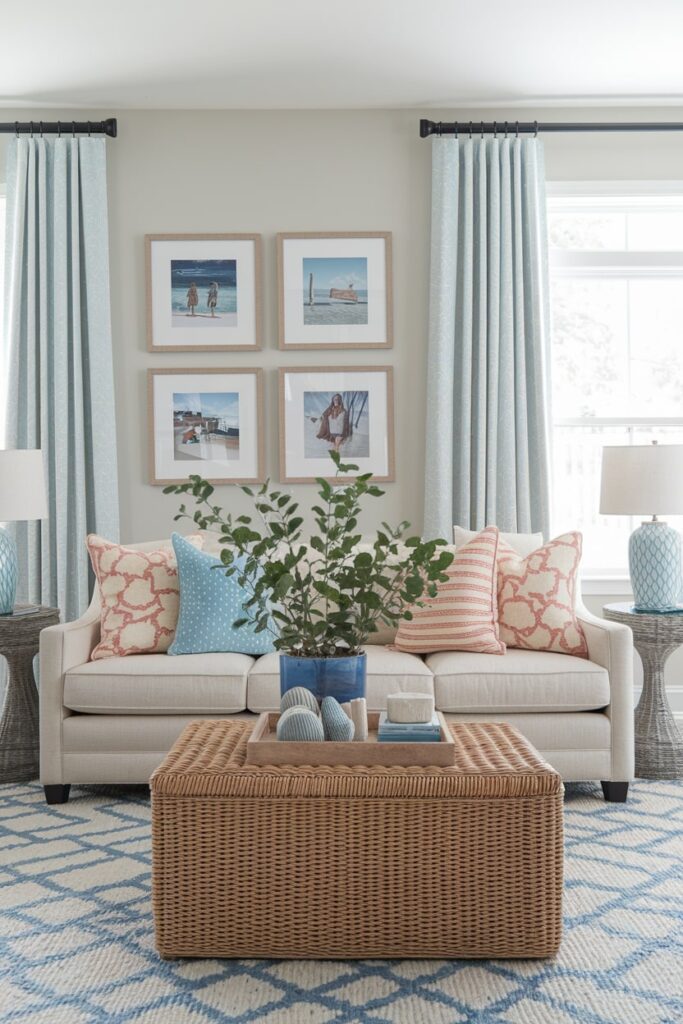 summer living room with personal photos as wall decor, light beige couch, rattan coffee table, taupe wall, soft light green curtains