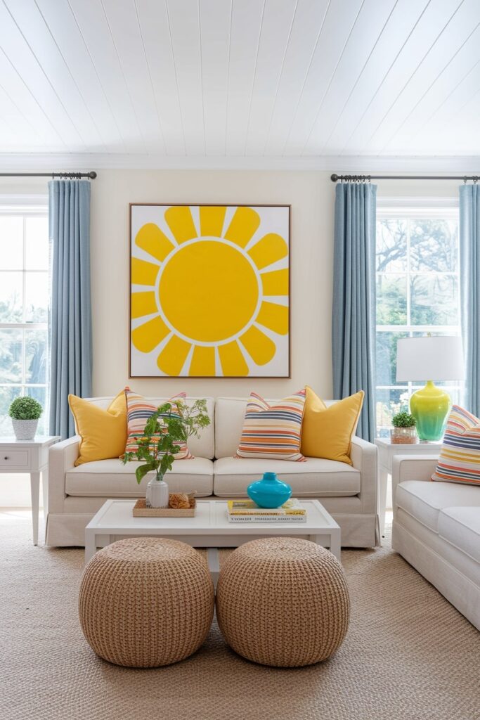 summer living room with vibrant yellow artwork, blue curtains, yellow and colorful striped pillows, light couch, jute rug