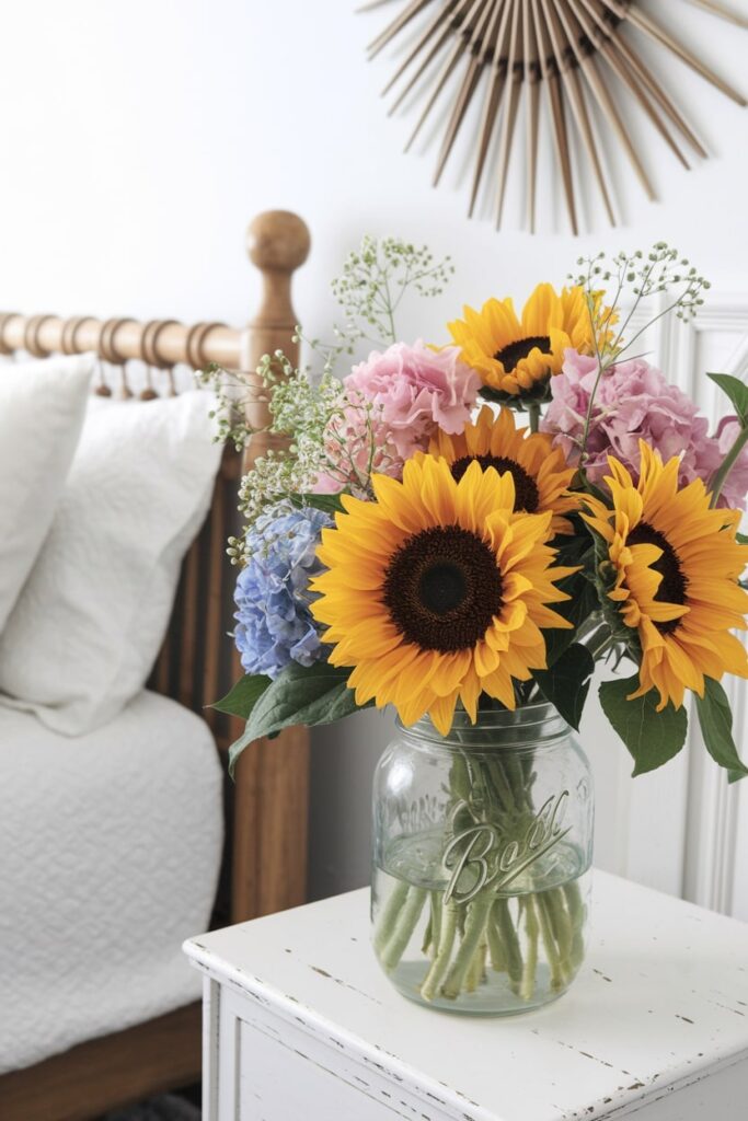 fresh flowers sunflowers, peonies, hydrangeas in the glass jar, summer bedroom decor