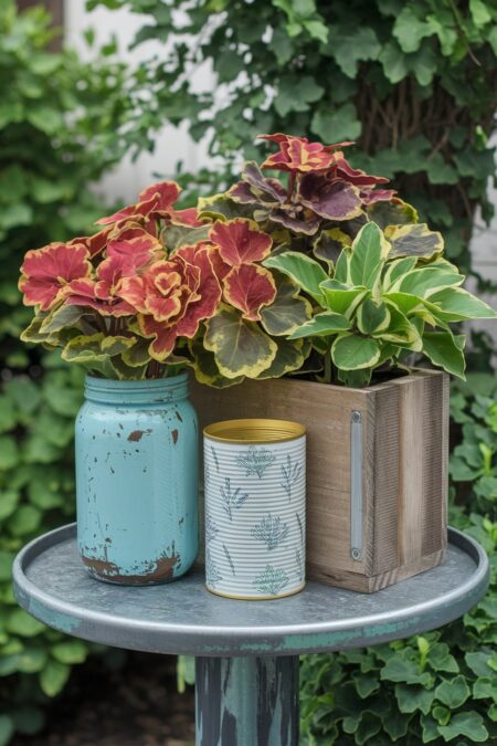 sustainable DIY planters, repurposed old jar, tin can, wooden box summer decor for outdoors