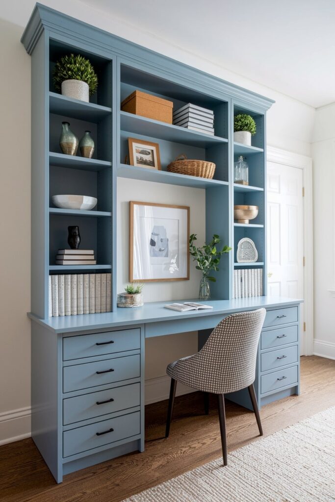 tall, narrow blue desk with storage units small workspace