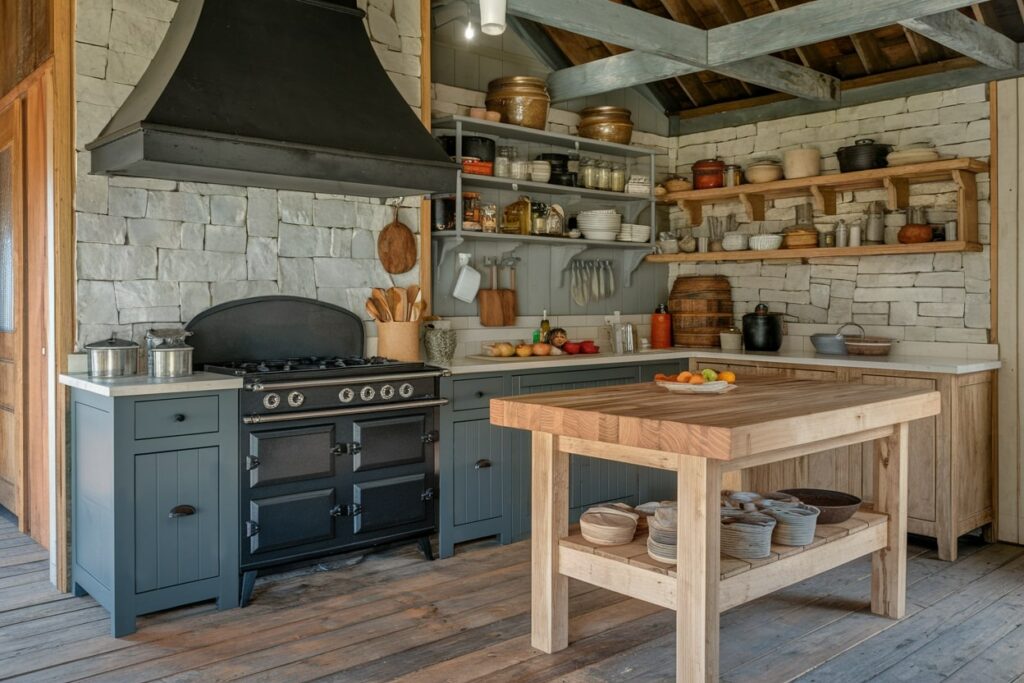 traditional summer kitchen, wood burning range, wooden floor, stone walls
