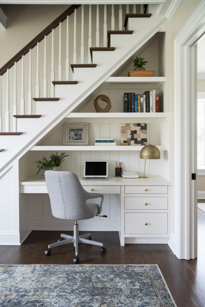 under stair small home office with a gray chair