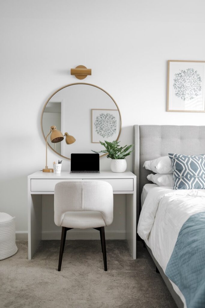 white bedroom vanity as a small workspace, round mirror, white wall, gold desk lamp and mirror frame, gray headboard