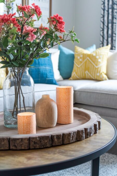 wooden tray and vase on the coffee table, summer decor, orange candles, red flowers in the clear glass vase