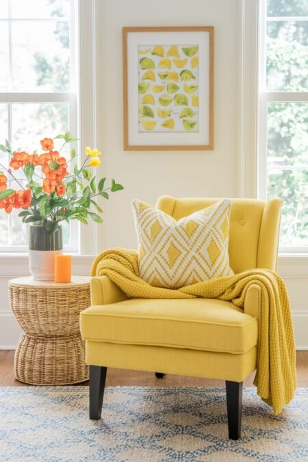 yellow armchair, citrus inspired summer decor, yellow pillow and throw blanket, orange decorative flowers