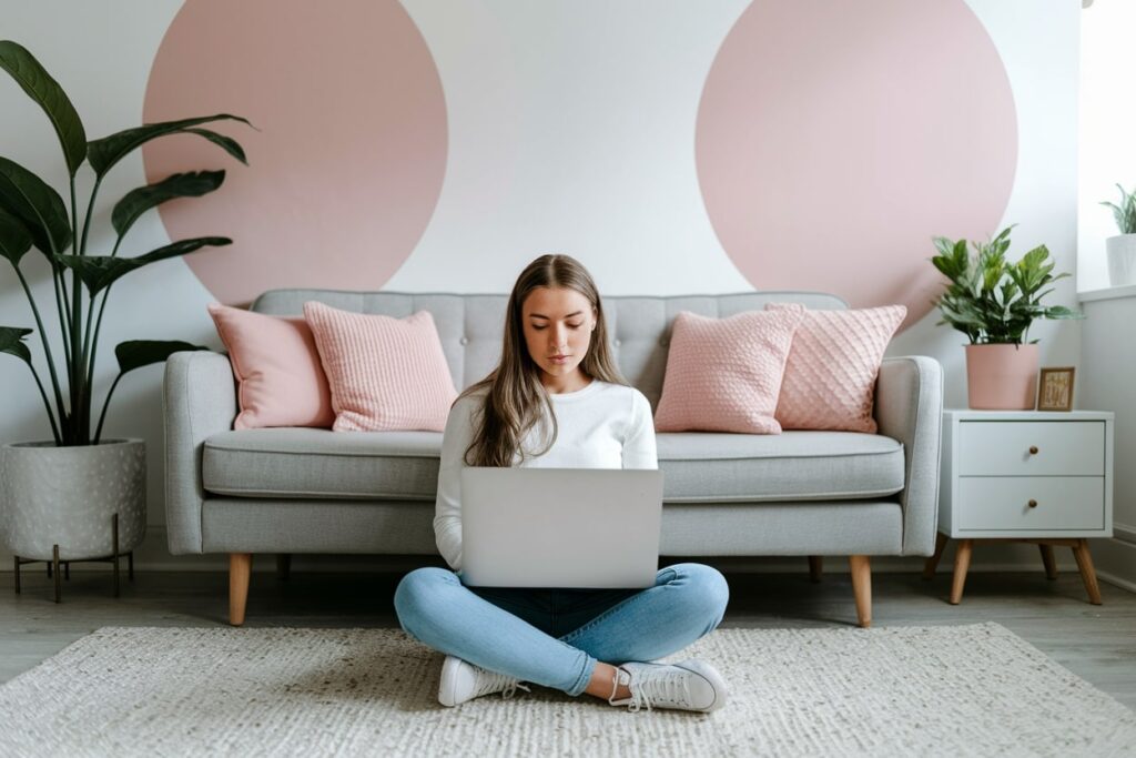 young female in white long sleeve sitting with laptop on the rug in the living room, pink accents, gray couch. how to make $5,000 fast