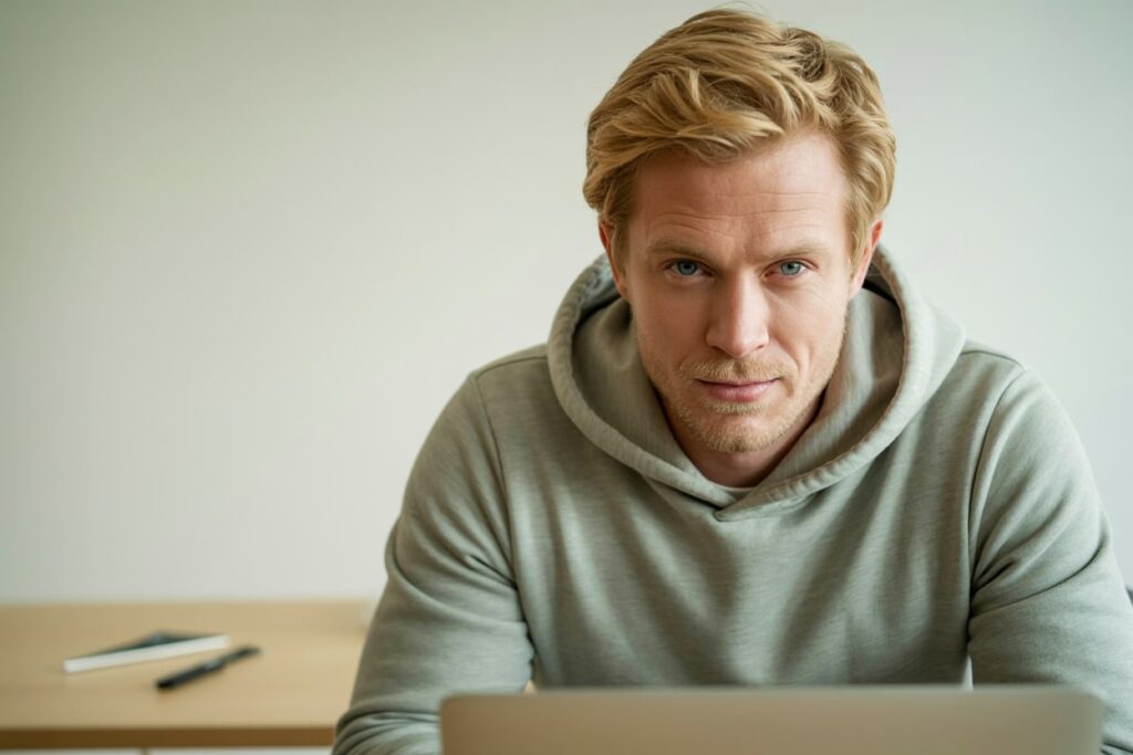 a blonde man in a light hoodie works on a laptop remotely