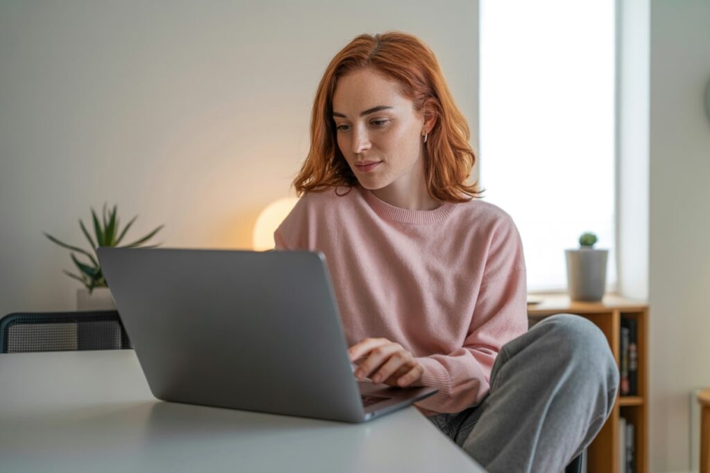 a redhead female in a pink sweater casually sits and works on a laptop from home