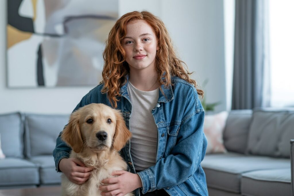 a redhead teen girl in denim clothing sitting with a dog