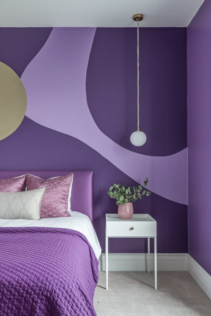 aesthetic purple bedroom with artistic wall mural, white nightstand