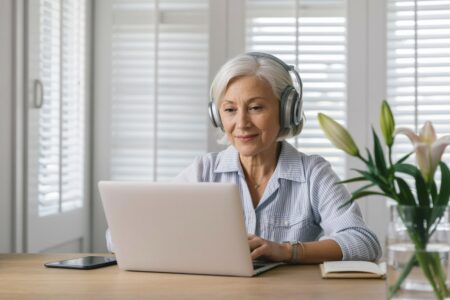 an old female in the headphones working behind the laptop in the light home space, windows in the background