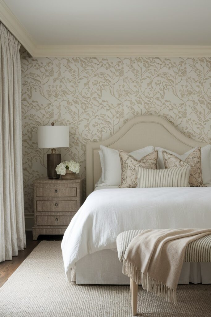 bedroom has white wallpaper with beige pattern, beige accent pillows, and white bedding