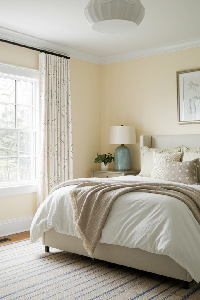 bedroom with cream walls with beige undertones and beige accent bedding