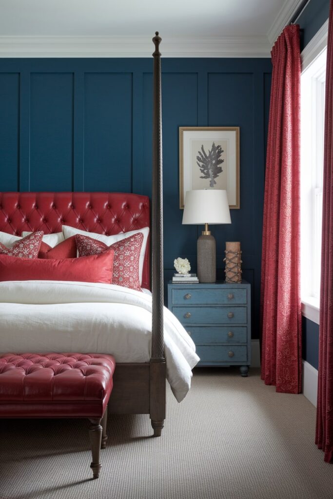 bedroom with dark blue walls, red leather headboard and bench, red decor
